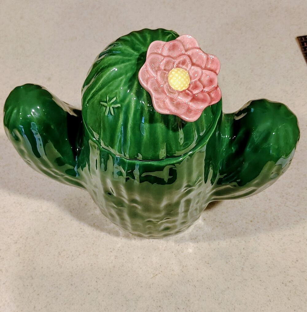 Vintage Treasure Craft Cactus Cookie Jar Ceramic Saguaro Pink Flower NIB 374-80